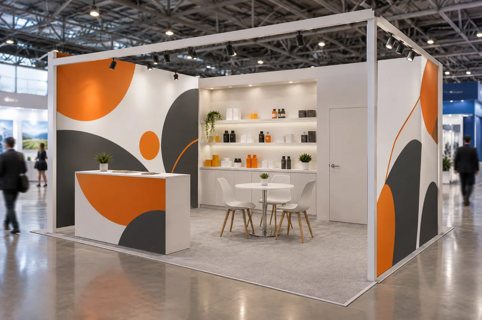 Render di stand fieristico di 32 mq con pareti grafiche, mensole espositive, banco e tavolo riunioni