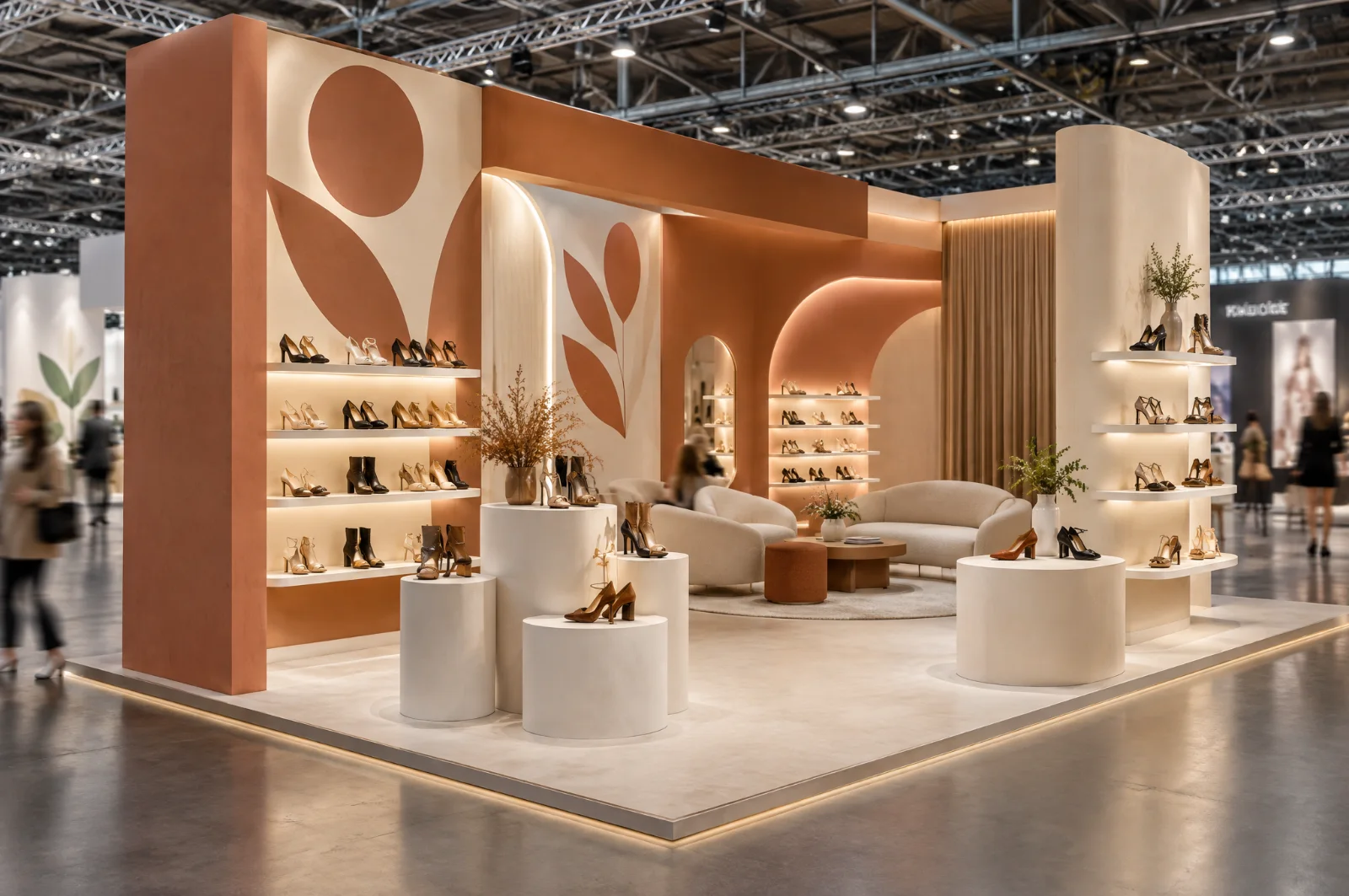Render di stand per calzature donna con piedistalli scultorei e mensole luminose