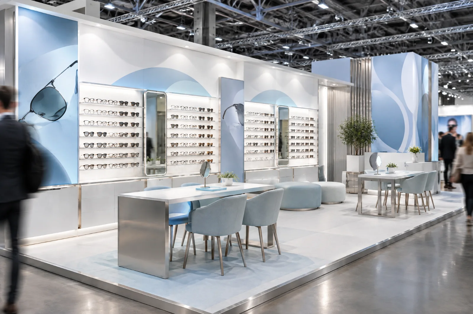 Render di stand per occhialeria con pareti espositive illuminate di montature e tavoli consulenza