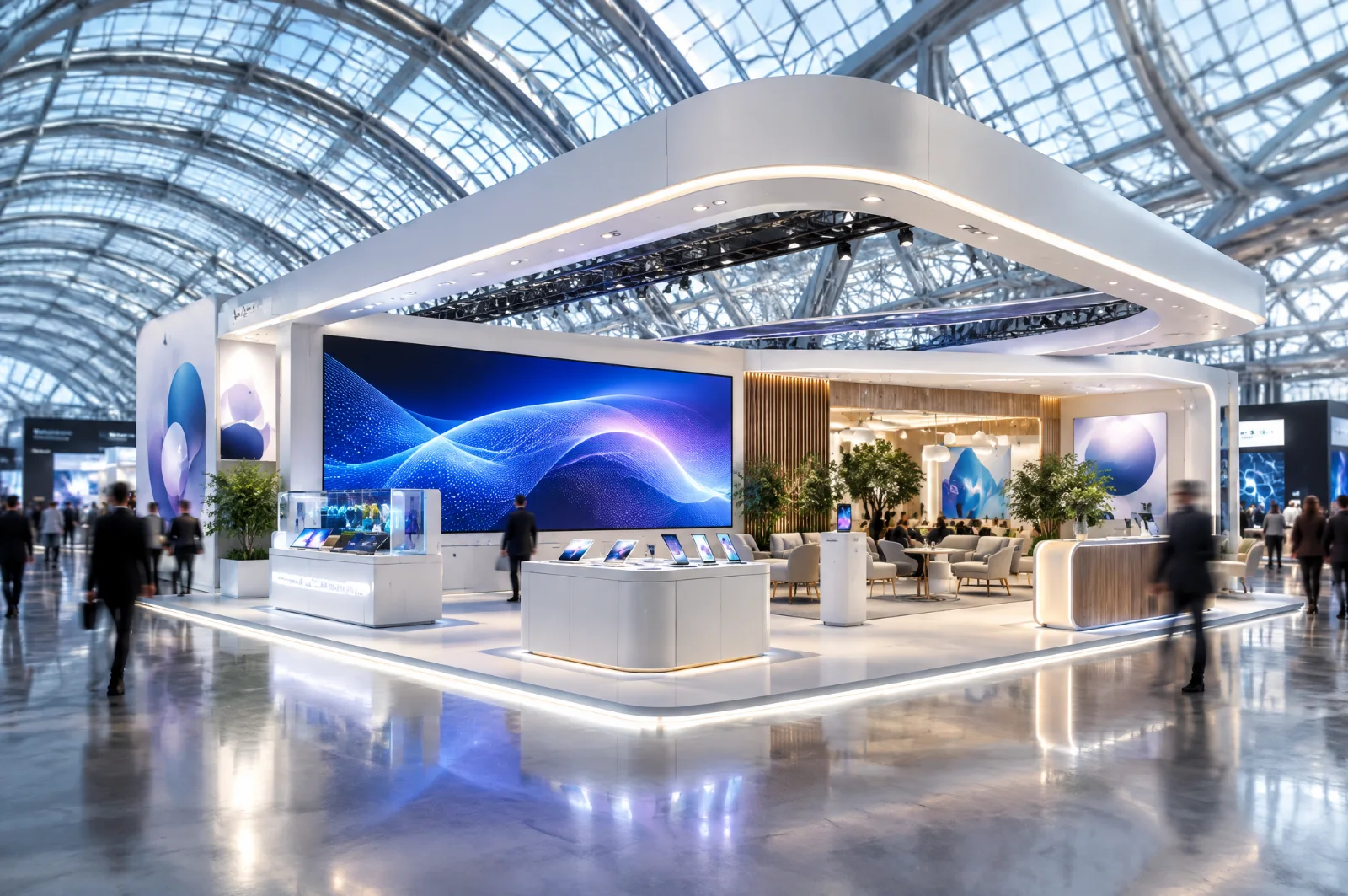 Render di stand per azienda tecnologica in un grande padiglione sotto una copertura in vetro e acciaio