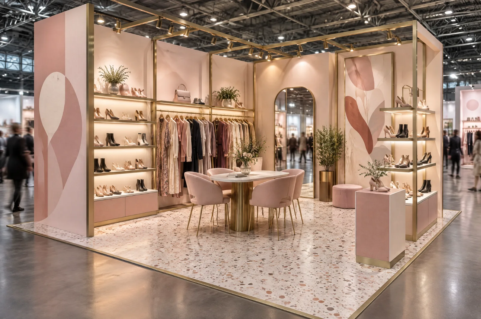 Render di stand per moda e calzature in stile boutique con scaffali illuminati e appendiabiti
