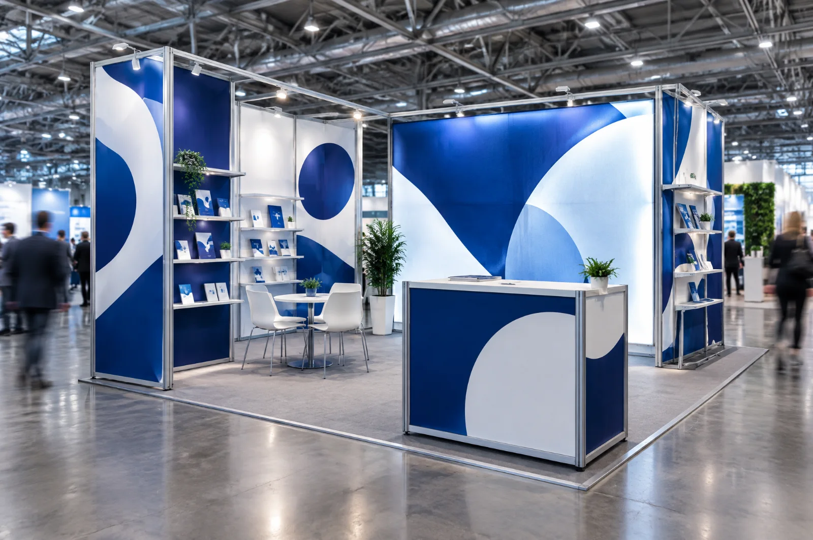 Render di stand modulare in alluminio con pannelli in tessuto teso stampato e lightbox retroilluminato