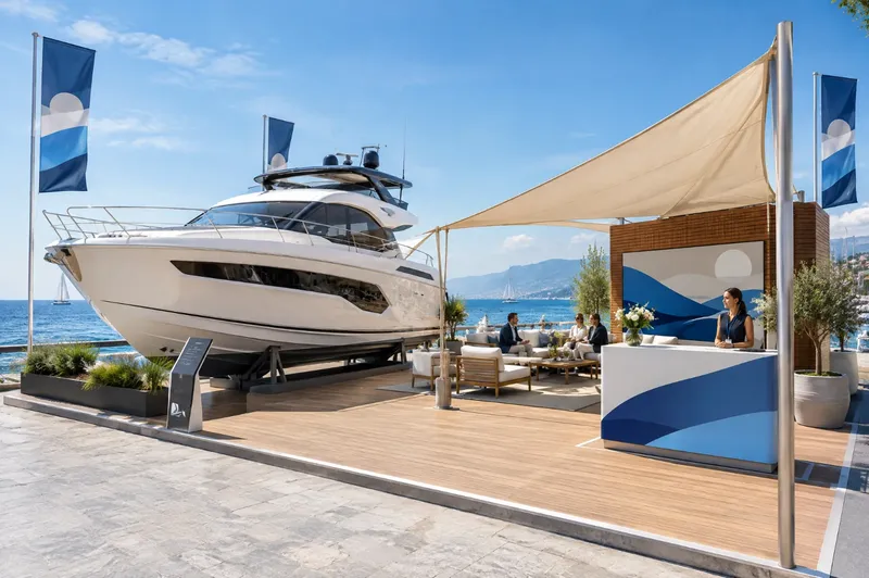 Render di stand nautico all'aperto con barca a motore su invaso, pedana in legno e copertura a vela