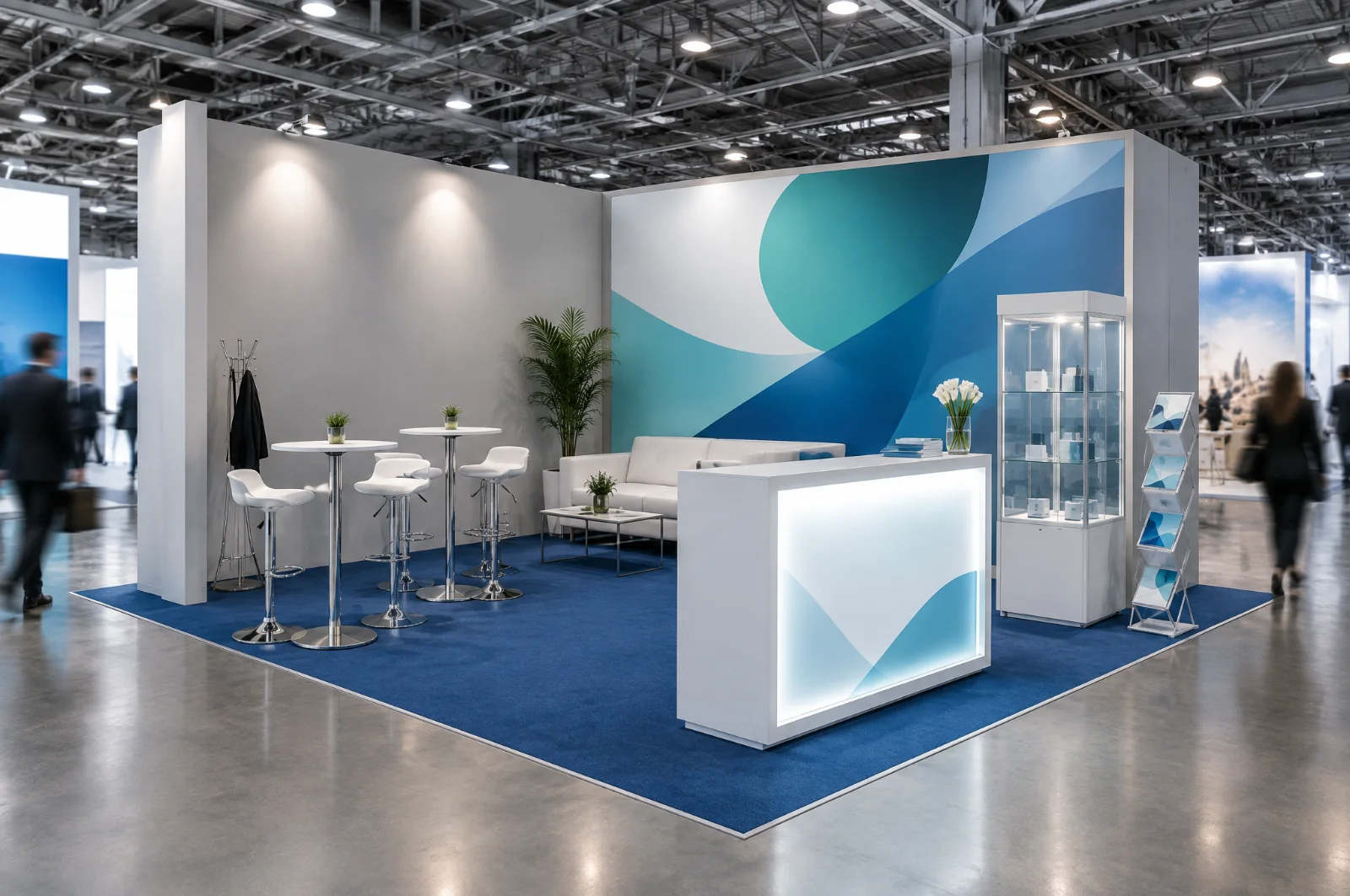 Render di stand fieristico a noleggio con arredi: tavoli alti, banco reception luminoso, vetrina e divanetto