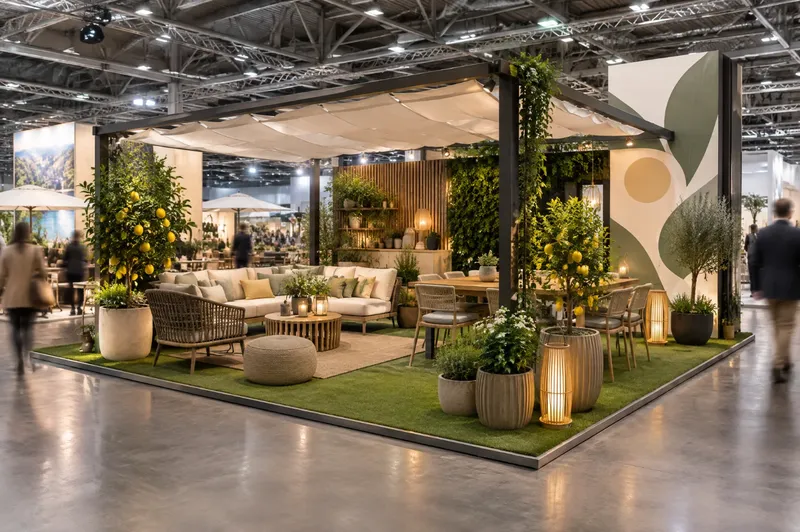 Render di stand per casa e giardino con arredi da esterno, pergola e piante