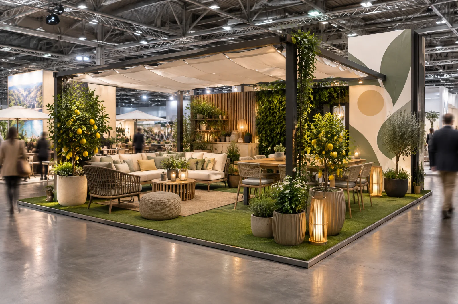Render di stand per casa e giardino con arredi da esterno, pergola e piante