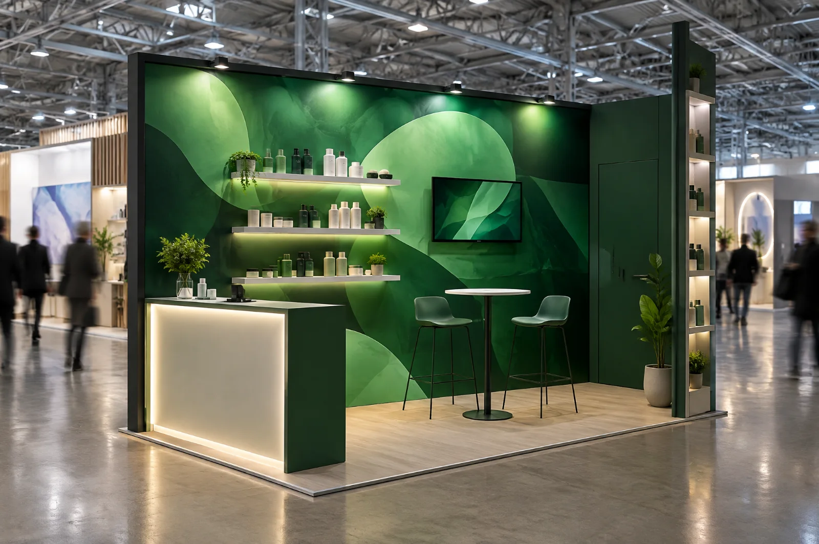 Render di stand piccolo di 12 mq con parete grafica, bancone luminoso e mensole a parete