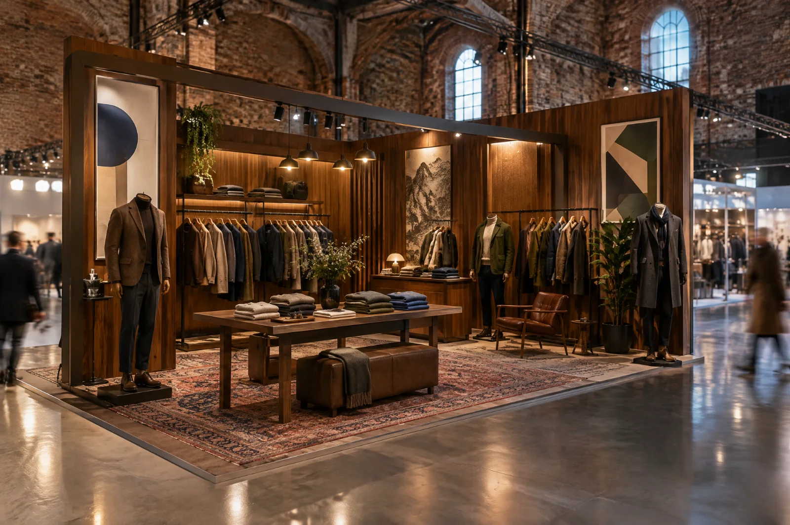 Render di stand per abbigliamento uomo in stile sartoria con appendiabiti, manichini e boiserie