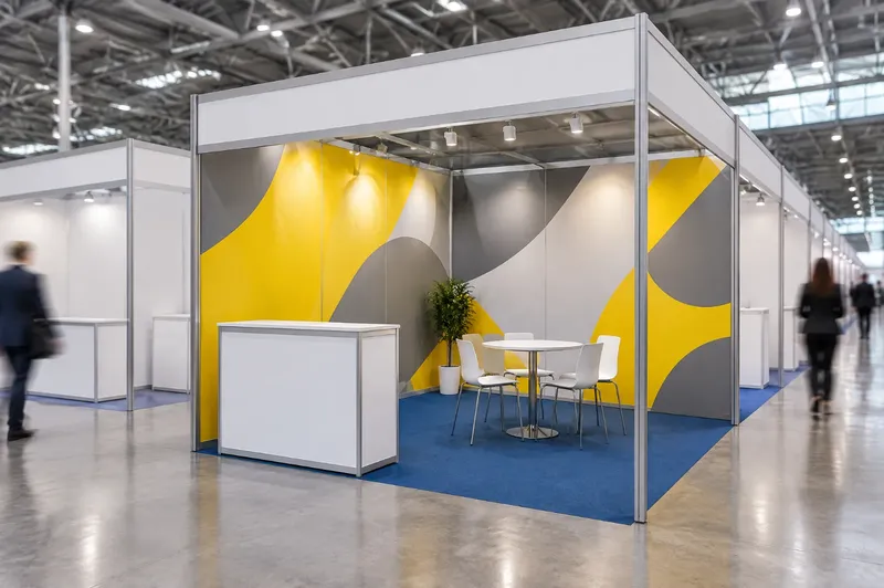 Render di stand preallestito di 16 mq personalizzato con pareti grafiche, insegna e arredi base