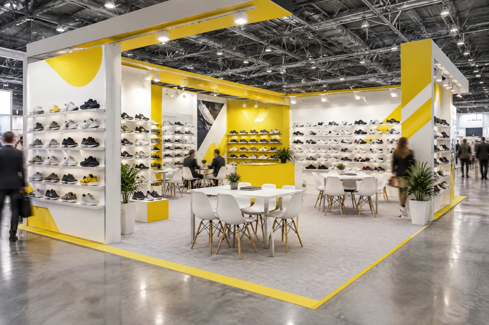 Render di stand per calzature all'ingrosso con pareti modulari di scarpe e tavoli per i buyer