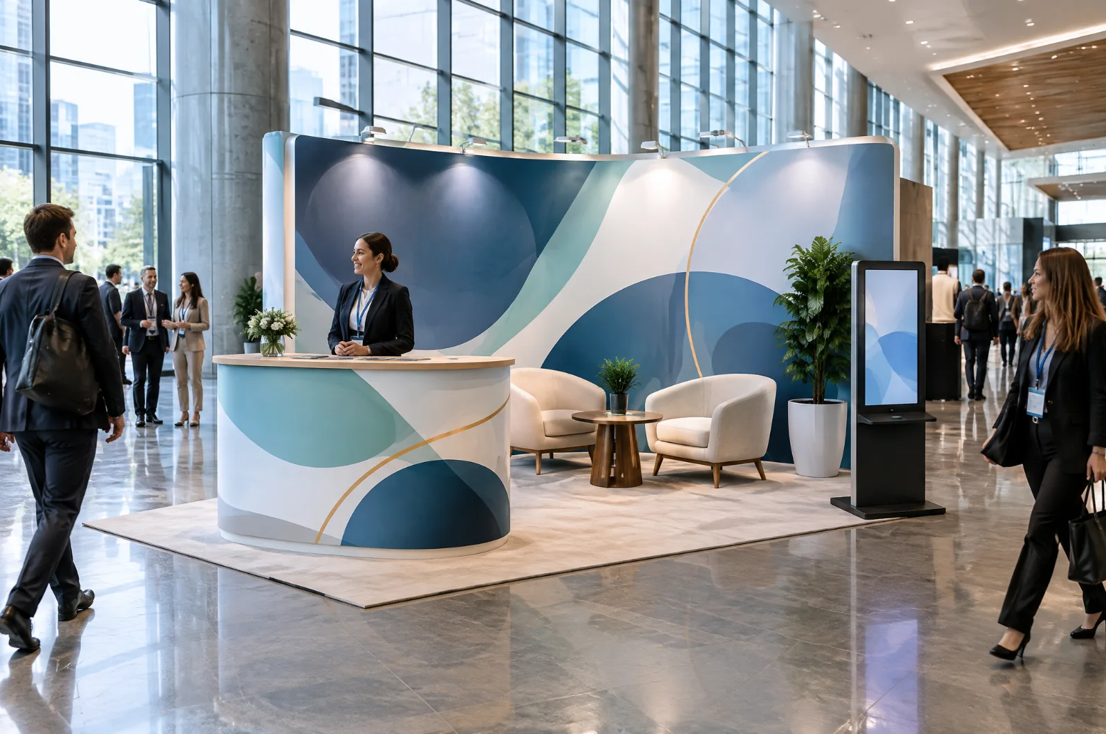 Render di stand sponsor in un centro congressi con fondale curvo, desk di accoglienza e totem touch