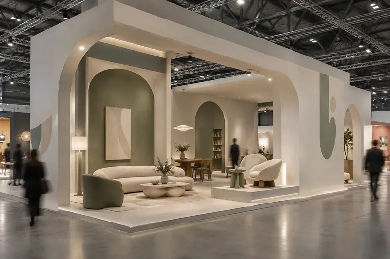 Render di stand per il design d'arredo con padiglione minimalista, archi e arredi esposti come in galleria