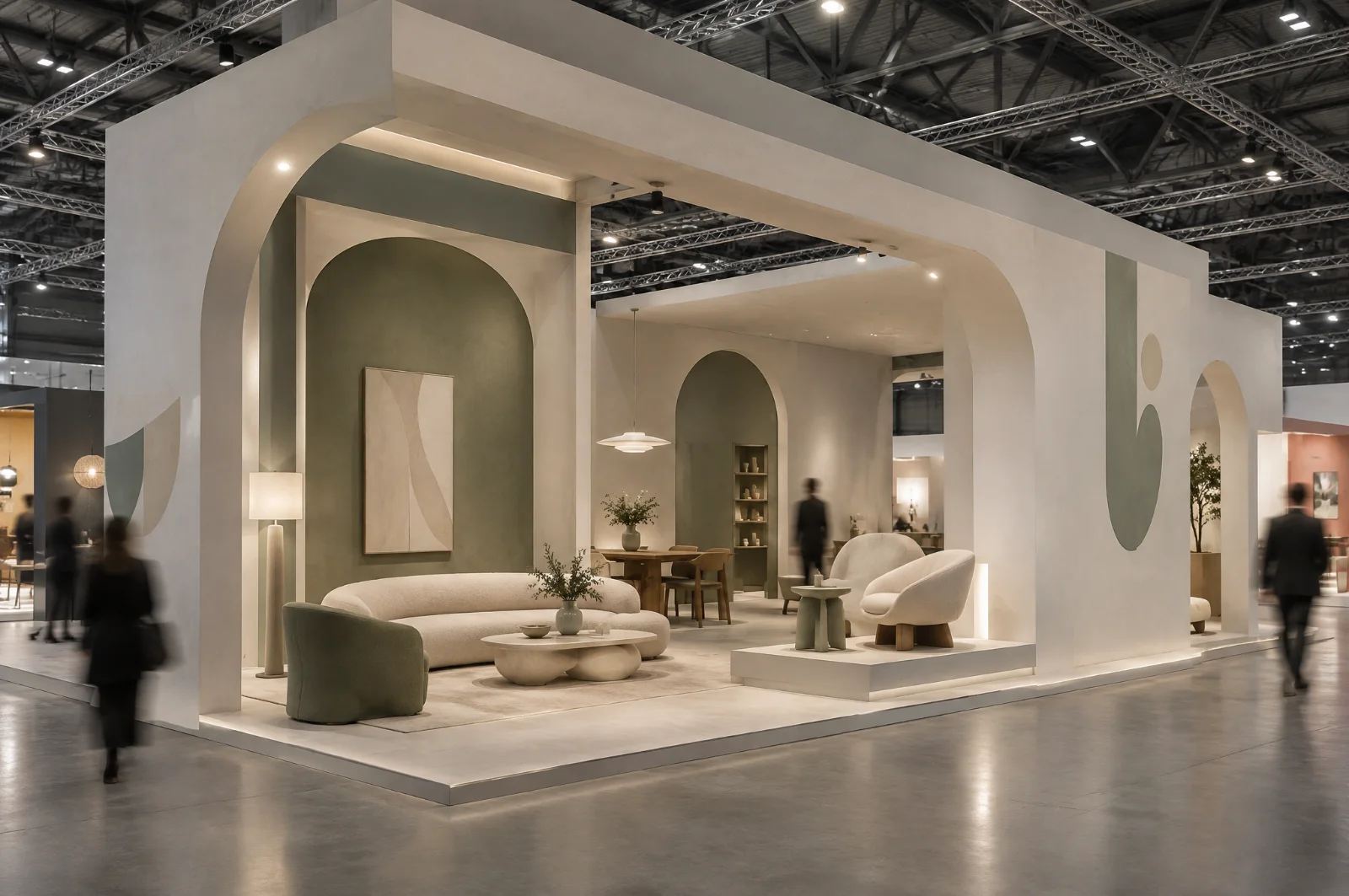 Render di stand per il design d'arredo con padiglione minimalista, archi e arredi esposti come in galleria