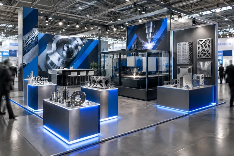 Render di stand per meccanica e subfornitura con pezzi lavorati su piedistalli e macchina laser