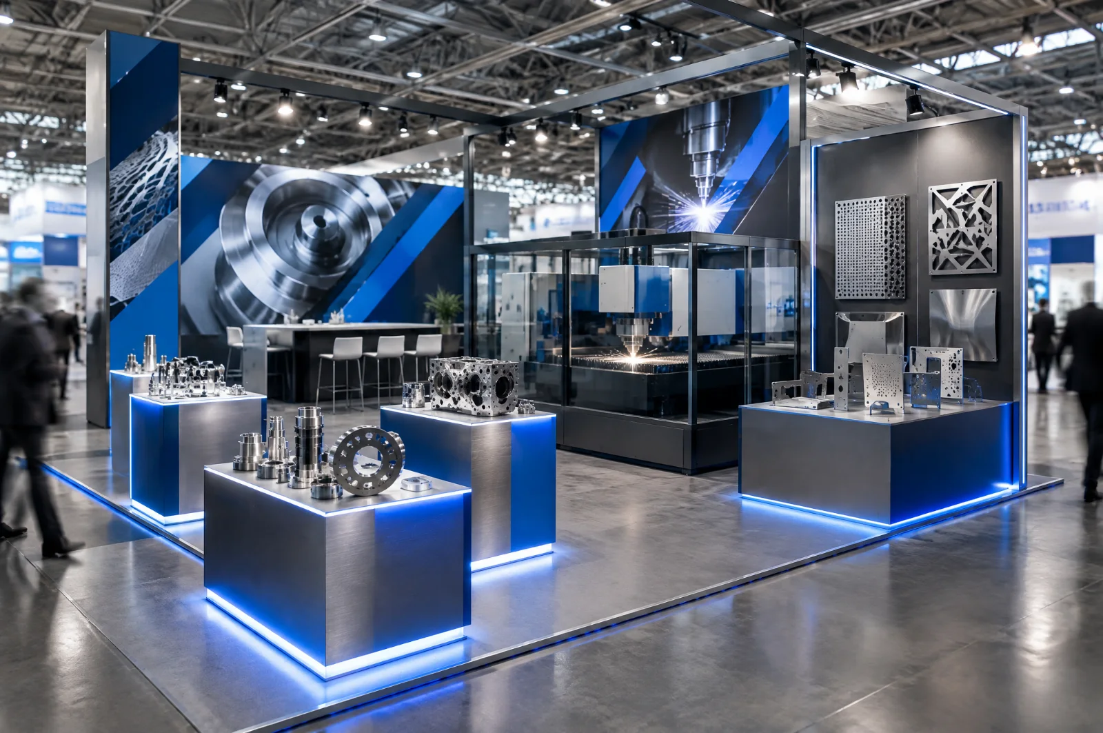 Render di stand per meccanica e subfornitura con pezzi lavorati su piedistalli e macchina laser