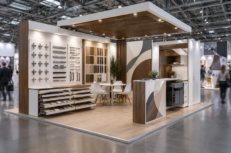 Render di stand per componenti del mobile con pareti campionario di ferramenta, maniglie e finiture