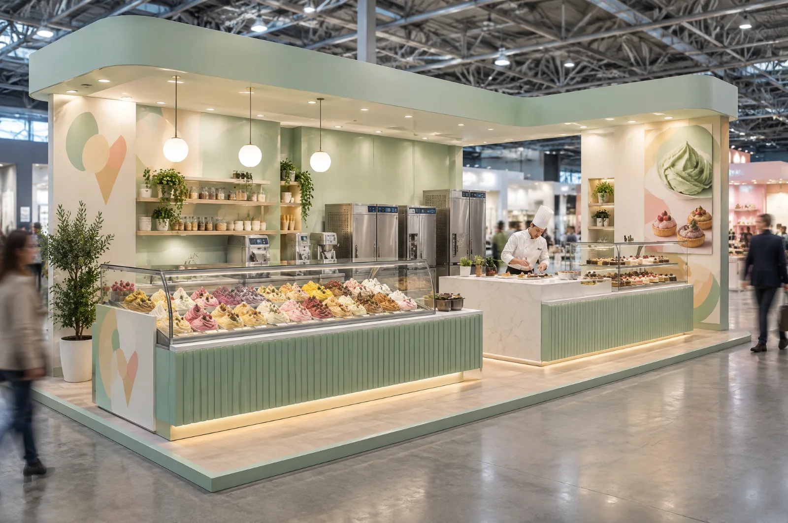 Render di stand per gelateria e pasticceria con vetrina gelato e banco dimostrativo