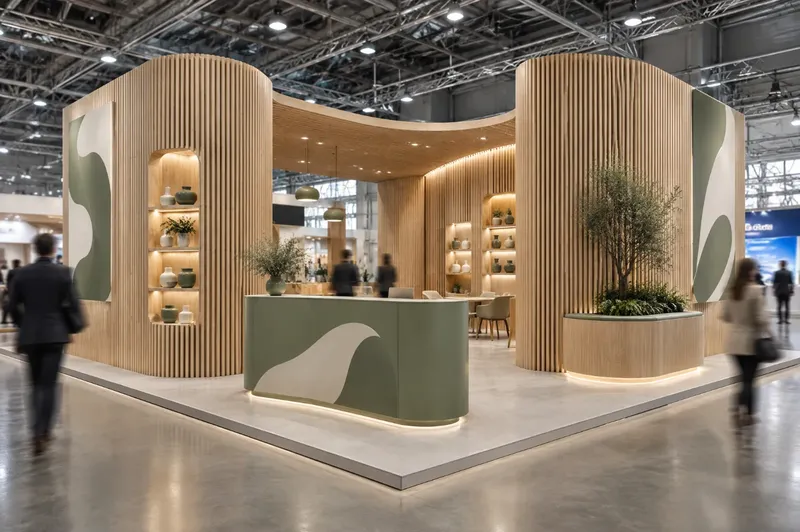 Render di stand fieristico su misura in legno con pareti curve a listelli, nicchie espositive retroilluminate e bancone verde salvia