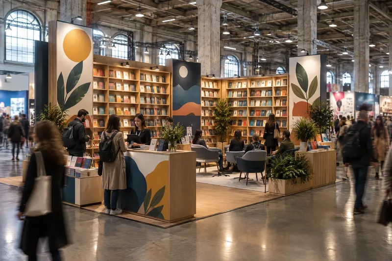 Render di stand per editore con librerie in legno, cassa e area incontri con l'autore