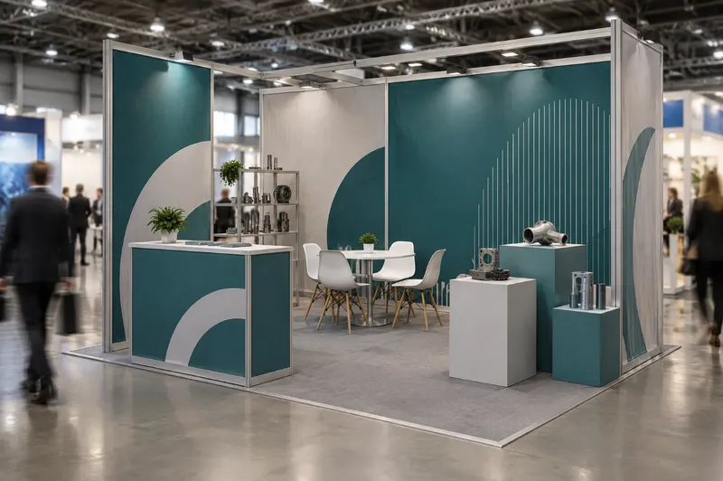 Render di stand modulare riutilizzabile per una piccola impresa in una fiera regionale