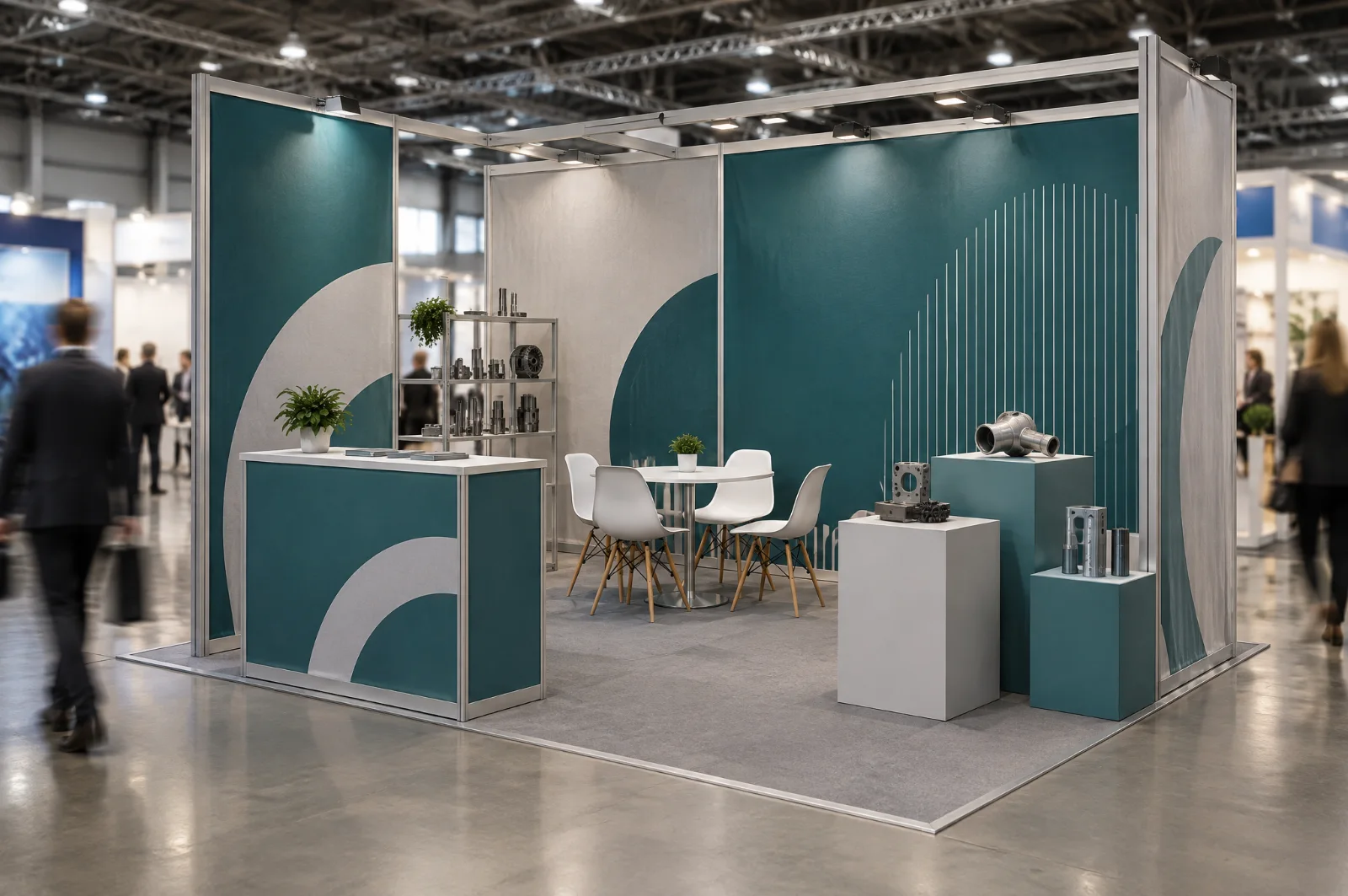 Render di stand modulare riutilizzabile per una piccola impresa in una fiera regionale