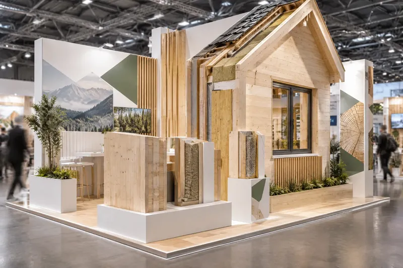 Render di stand per case in legno con porzione di facciata in scala reale e campioni di pareti X-lam