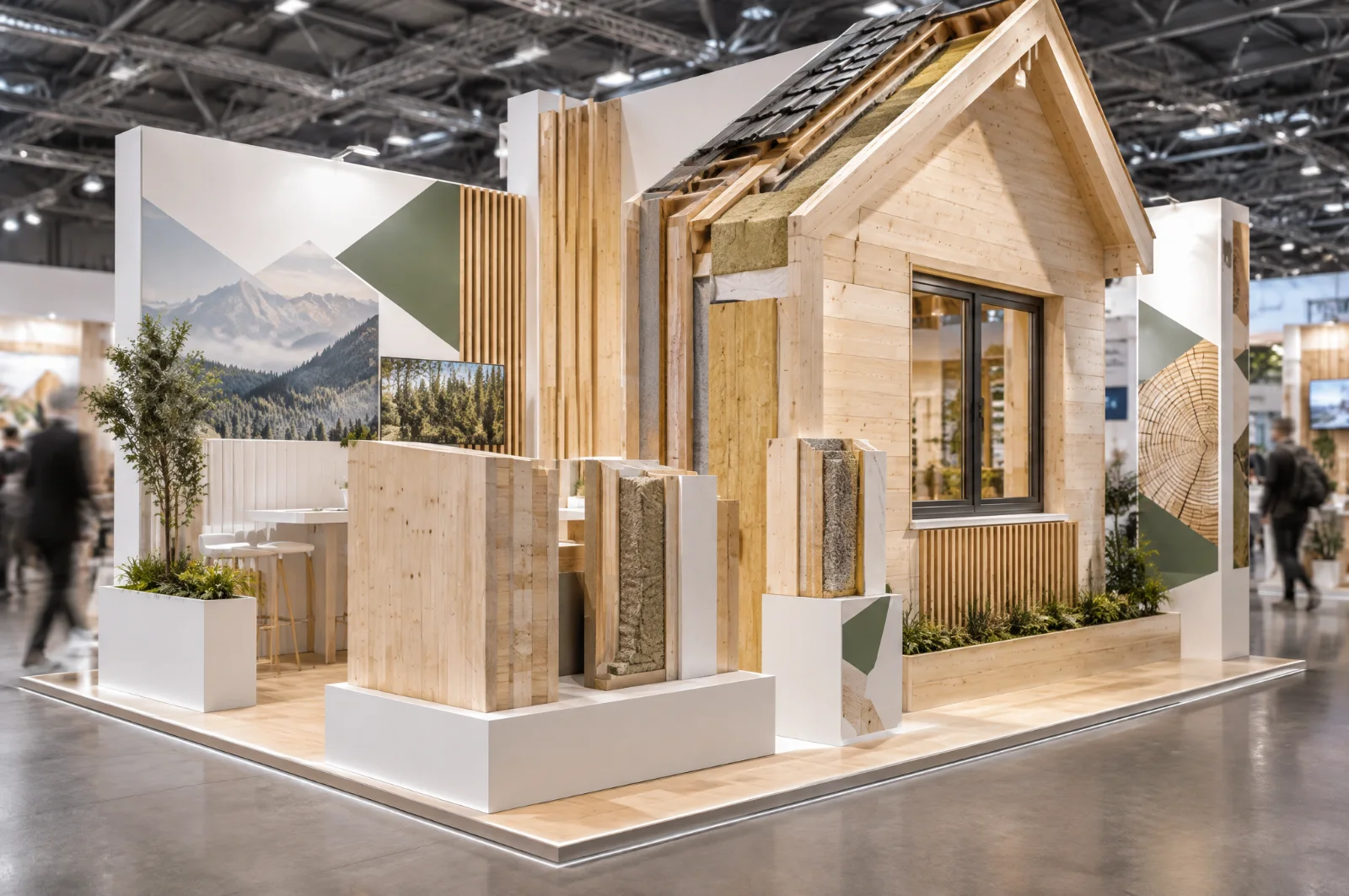 Render di stand per case in legno con porzione di facciata in scala reale e campioni di pareti X-lam