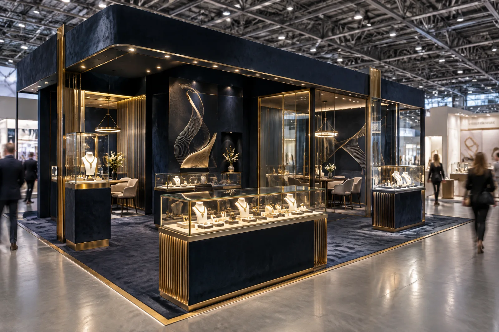Render di stand per gioielleria con vetrine illuminate, pareti in velluto blu e salottini riservati