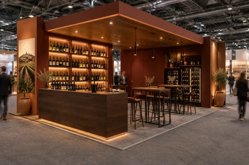 Render di stand per cantina vinicola con banco di degustazione in noce, parete di bottiglie retroilluminata e tavoli alti